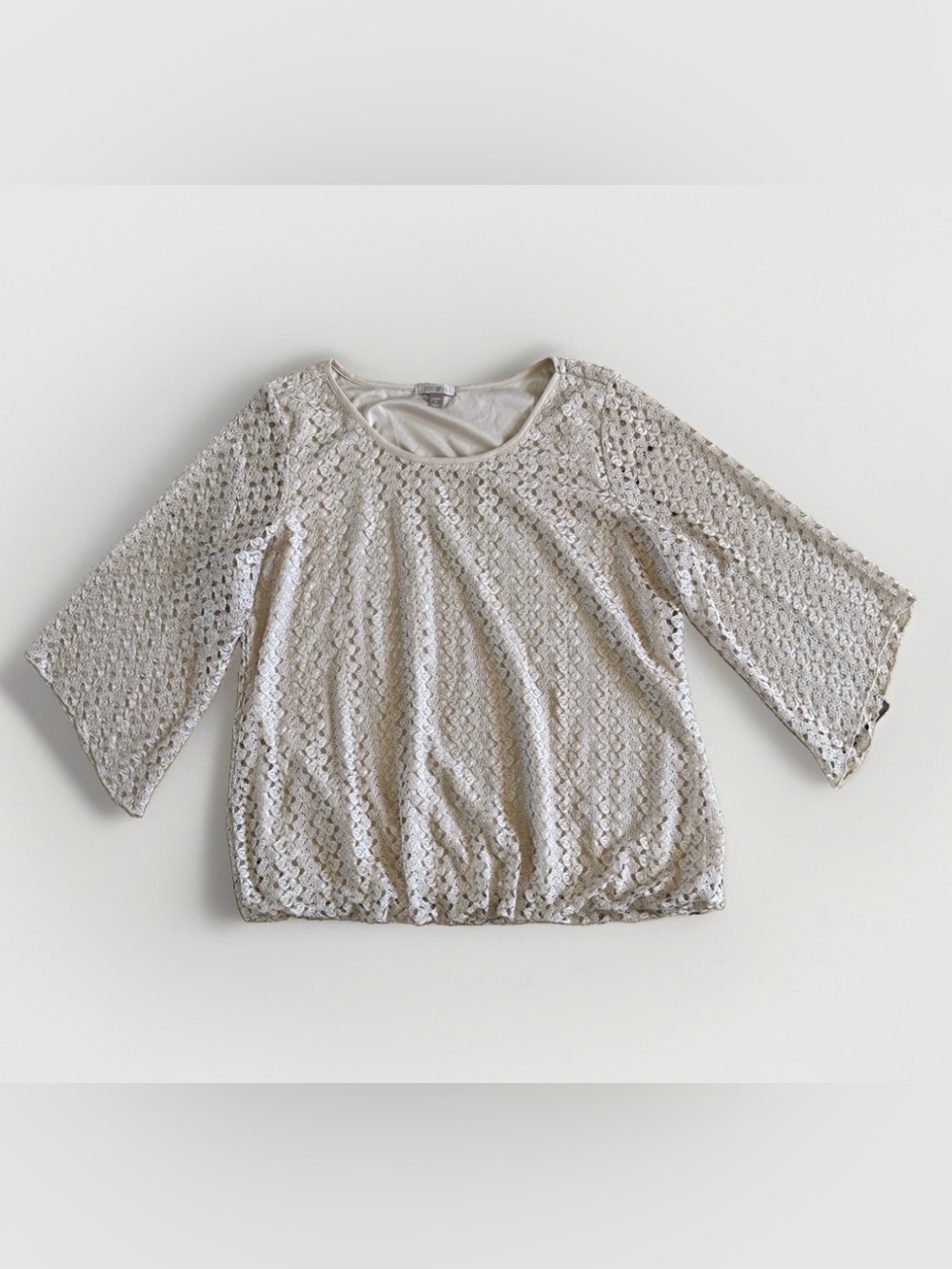 Roz & Ali 1X Beige Lace Crochet Bell Sleeve Top